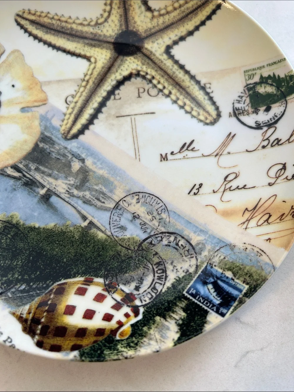 Pottery Barn-Coastal Curiosity Plate Featuring Postcard Design